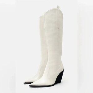 ZARA WOMEN WEDGE COWBOY BOOTS WHITE ECRU SZ 7.5 EU38 ONLY (ONE BOOT REPLACEMENT)